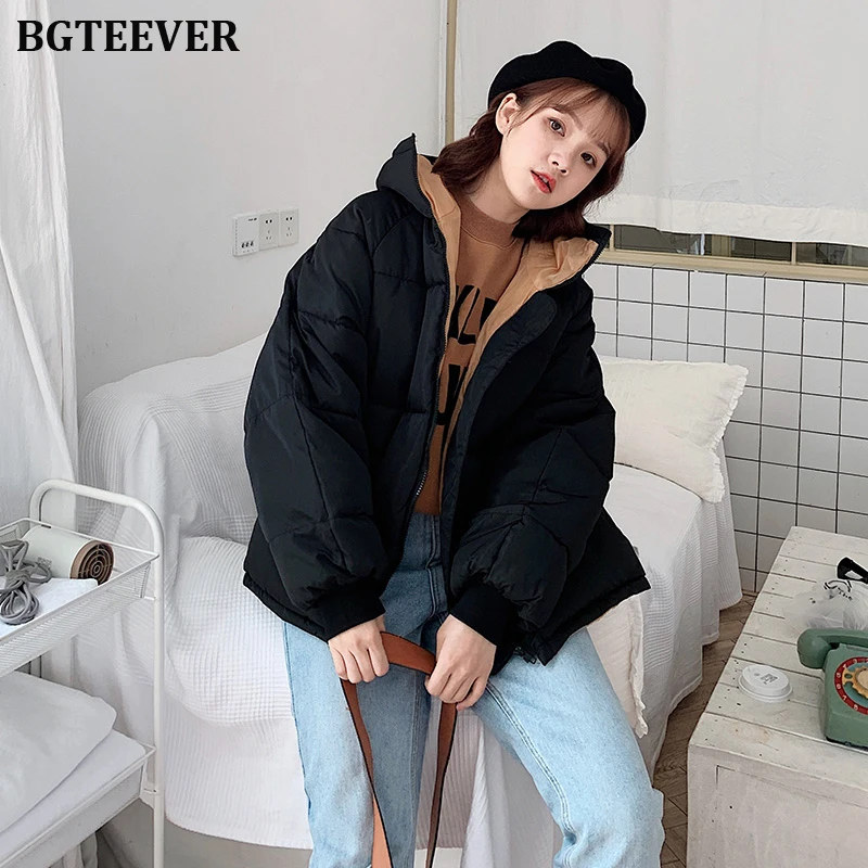 BGTEEVER утепленные женские парки зимнее пальто куртка свободные пуховики с шапкой