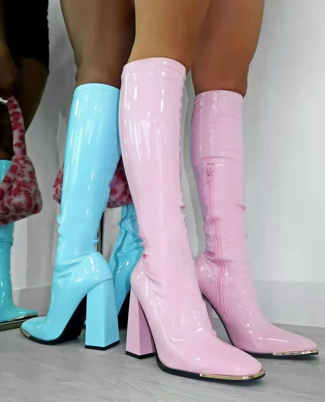 Women Shoes Black Thigh High Boots Autumn Bright PU Leather Heel Comfortable Shoes High Heel Knee Waterproof Boots Ladies Shoes