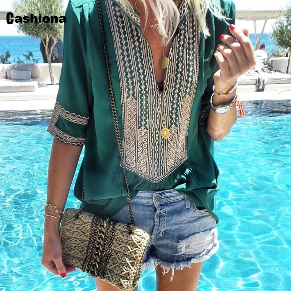 

2020 elegant leisure blouse women half sleeve patchwork color summer casual tops plus size 5xl feminina blusas shirt ropa mujer