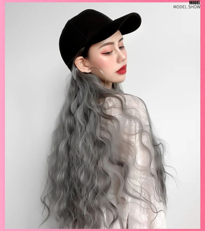 

Integrated Corn Perm Long Curly Wig Whole Head Big Wave Fake Hair Daily Base Ball Cap Headgear Set Girls Long Curly Wig Hat Set