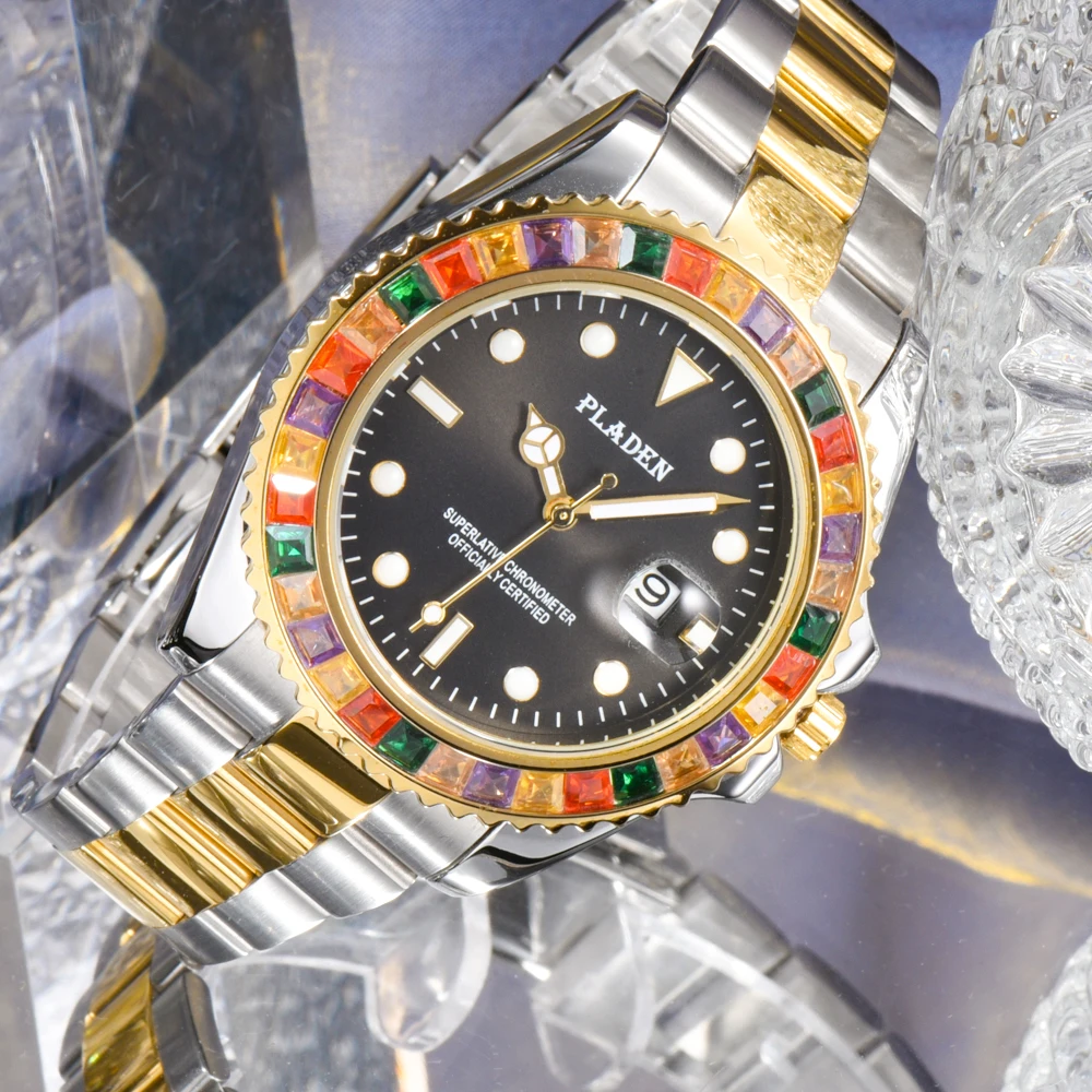 

PLADEN Wrist Watches Loop Candy Square Diamond Steel Bracelet Parachute Timekeeper Auto Date Partner Men's Fashion Heren Horlog