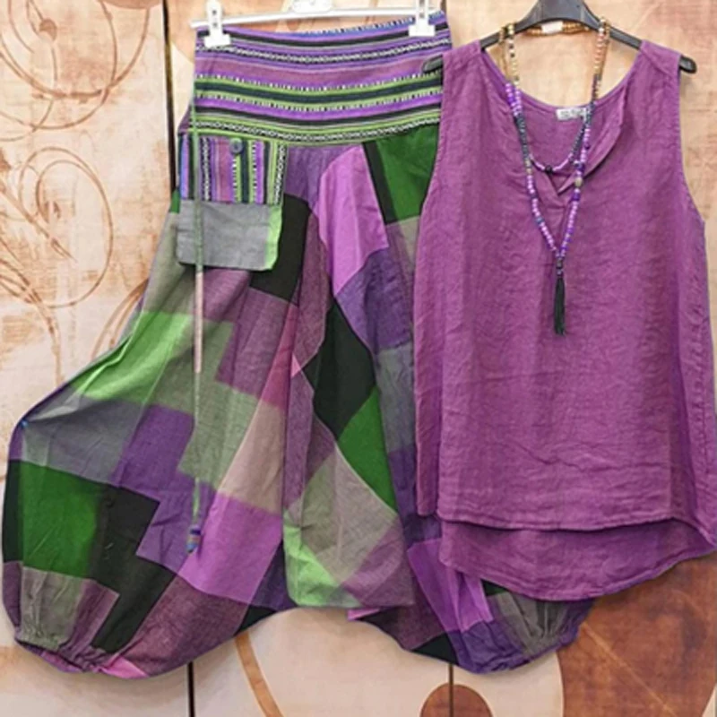 Retro Ethnic Plaid Print Cotton Linen Homewear Set Women O Neck Sleeveless Top + Harem Pants Suit Spring Summer 2pcs Pajamas Set