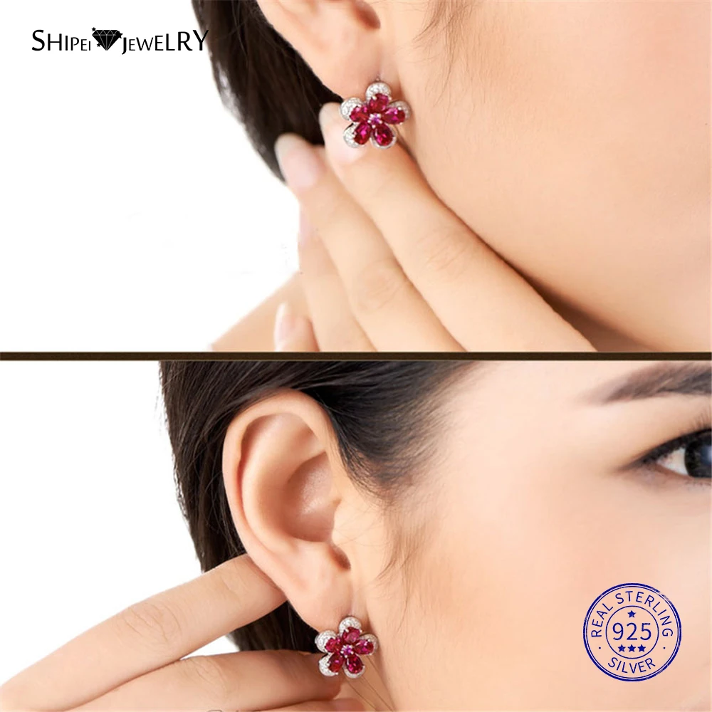 

Shipei 100% 925 Sterling Silver Ruby Flower Stud Earrings for Women Fine Jewelry White Gold Flower Ear Studs Birthday Gift