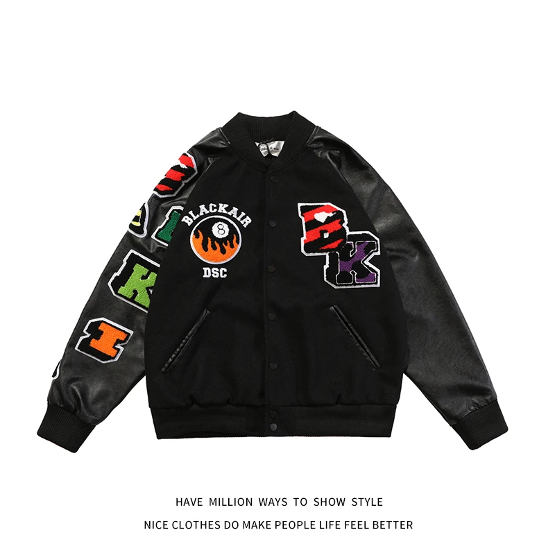 

New Arrival Autumn Spring Black Air Embroid Patchwork Women Baseball Bomber Jacket Unisex Men Letterman Varsity Coat Streetwear