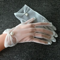high quality chiffon wedding gloves white short bow pearl finger women bridal gloves wedding party accessories