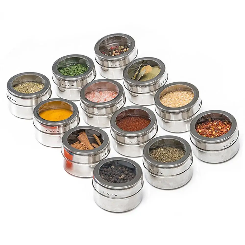 

6PCS Magnetic Spice Tins Jars with iron base Racks Clear Top Lid Magnet Spice Jars Multipurpose Kitchen Storage Containers Home