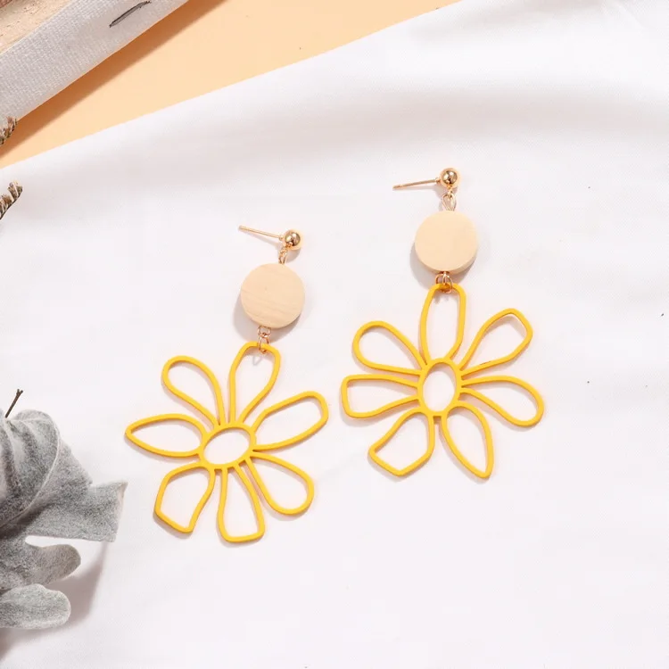 2019 корейские массивные деревянные серьги желтые цветочные большие висячие