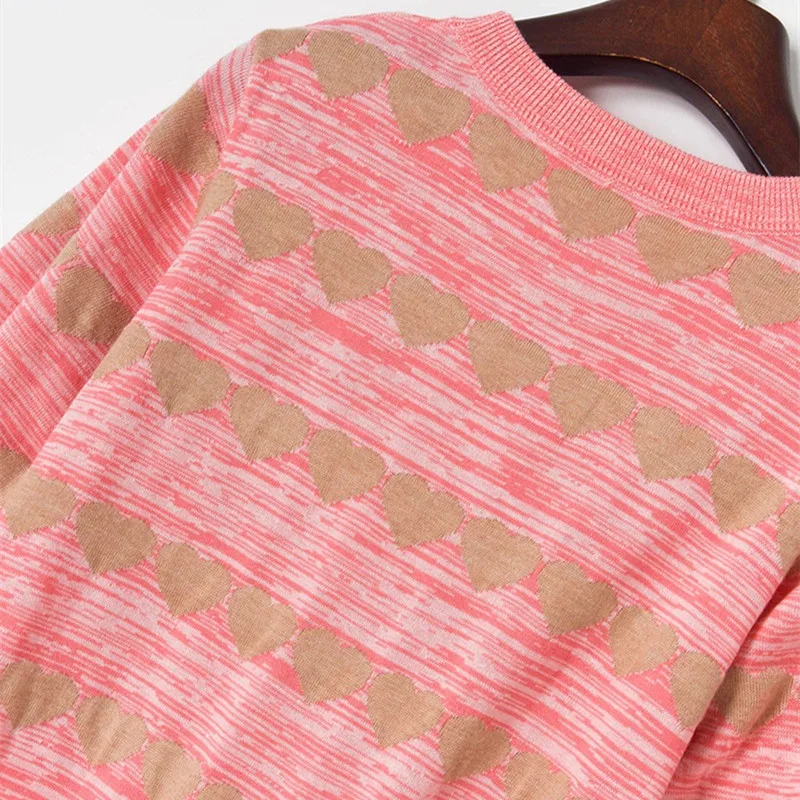 

Luxury Brand Designer Knitted Pullovers for Women O Neck Striped Sequins Love Half Sleeve Pink Knitted Sweater