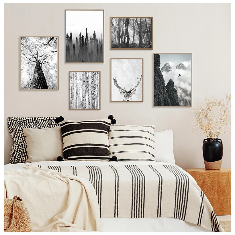 

Scandinavian Forest Deer Eagle Black White Landscape Canvas Poster Nordic Wall Art Print Minimalist Painting Living Room Picture