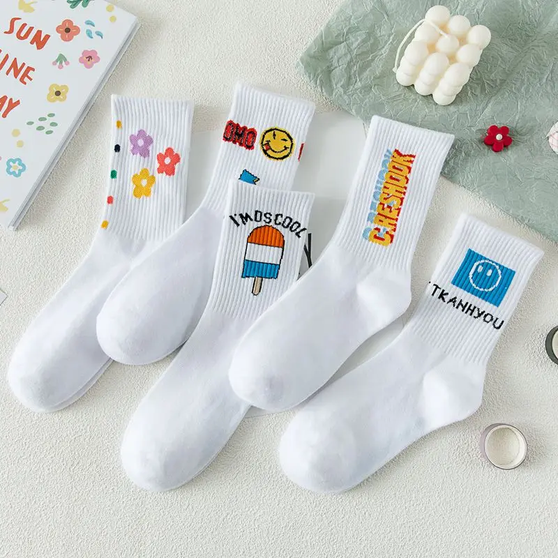 

Women Socks Cotton Smile Flower Alphabet Pattern Long Socks Cartoon Fashion Harajuku Hiphop Street Sport White Crew Socks Kawaii