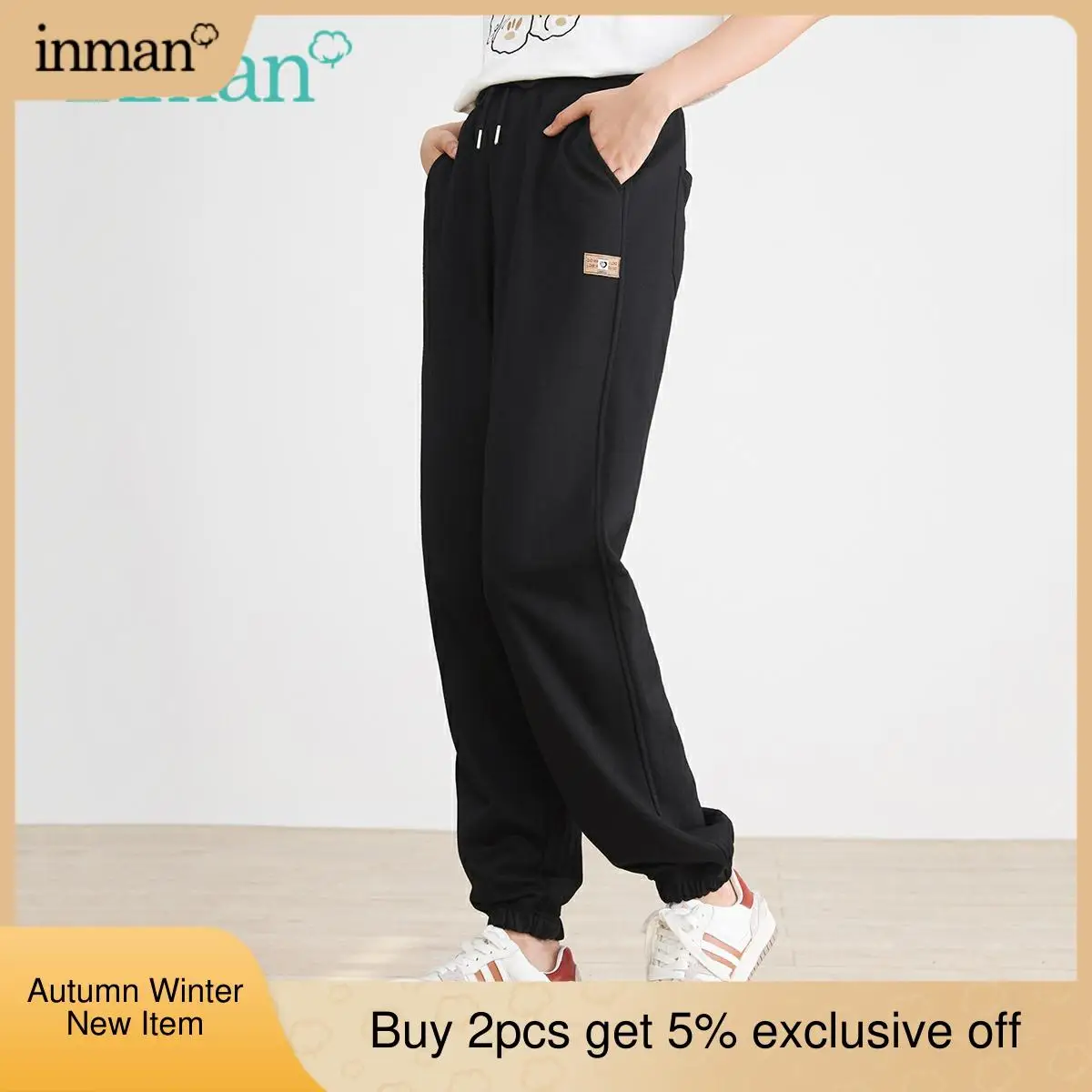 

INMAN Autumn Winter Casual Pants Women Elastic Waist Design Loose Black Beam Port Trousers