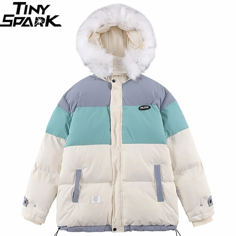 

2021 Men Hip Hop Padded Jacket Streetwear Color Block Patchwork Parka Jacket Harajuku Cotton Winter Warm Fur Hooded Jacket Coat