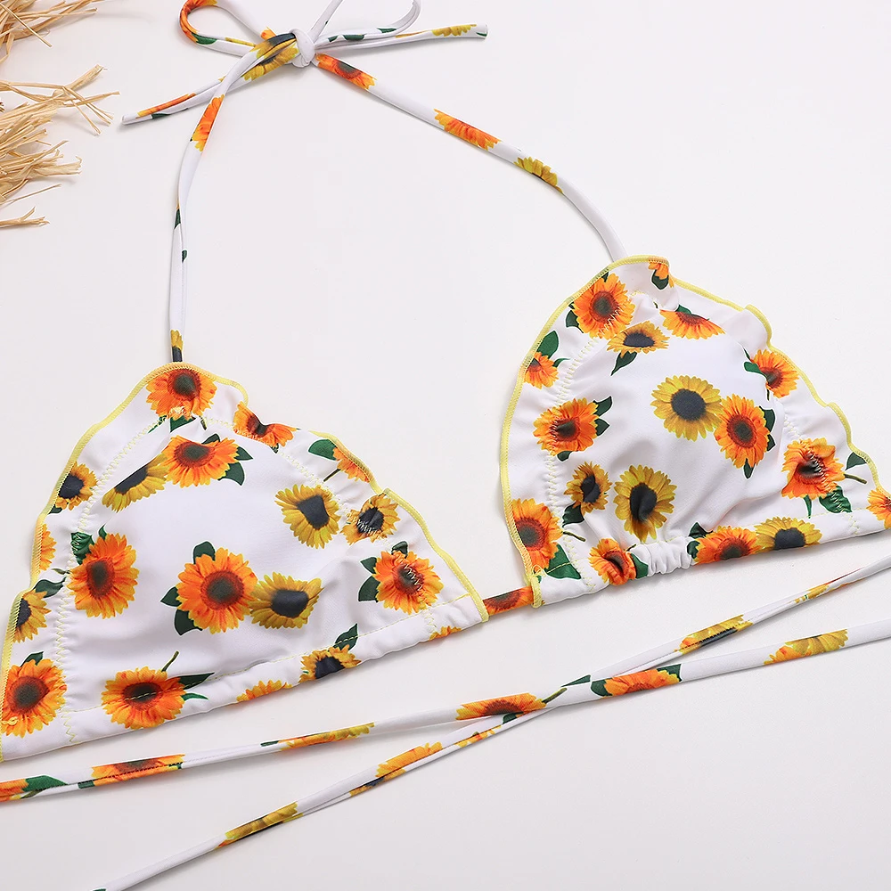 

Sexy Micro Bandage Swimsuit Women Print Sunflowers Swimwear Mini Brazil Beach Biquini Female Strappy Bathing Suit