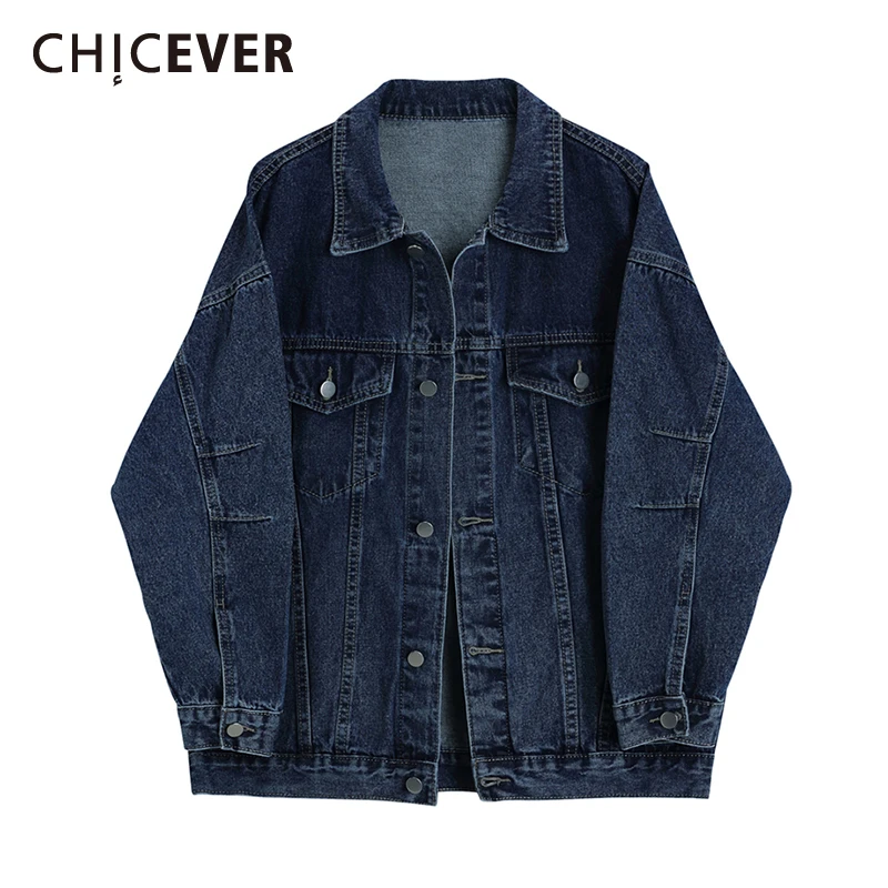 

CHICEVER винтажная синяя свободная куртка для женщин с отложным воротником с длинным рукавом корейская мода прямые джинсовые женские пальто ос...