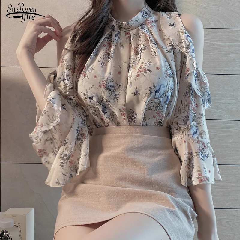 2021 из шифона с цветочным рисунком блузки для женщин летом коротким рукавом