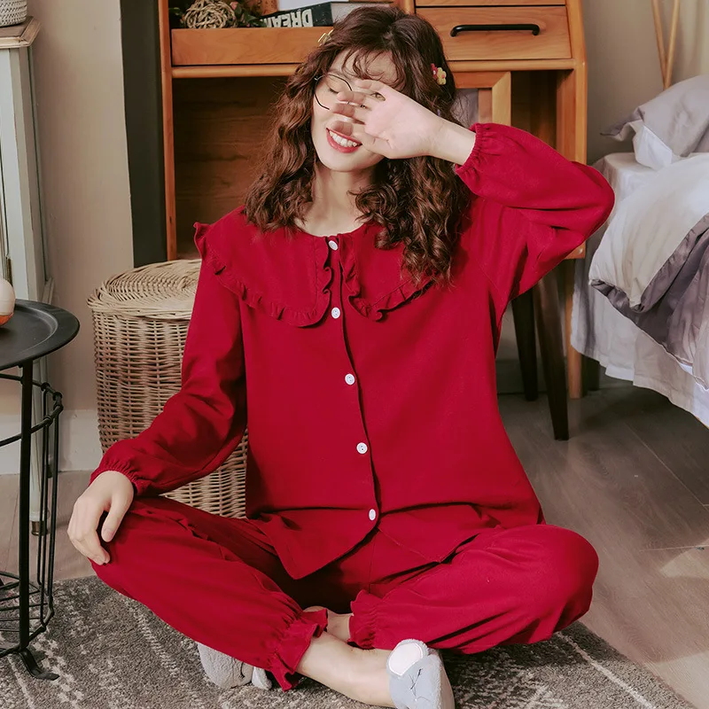 

Новые товары, Хлопковая пижама, Женская весенне-осенняя свободная красная Праздничная Домашняя одежда с длинным рукавом