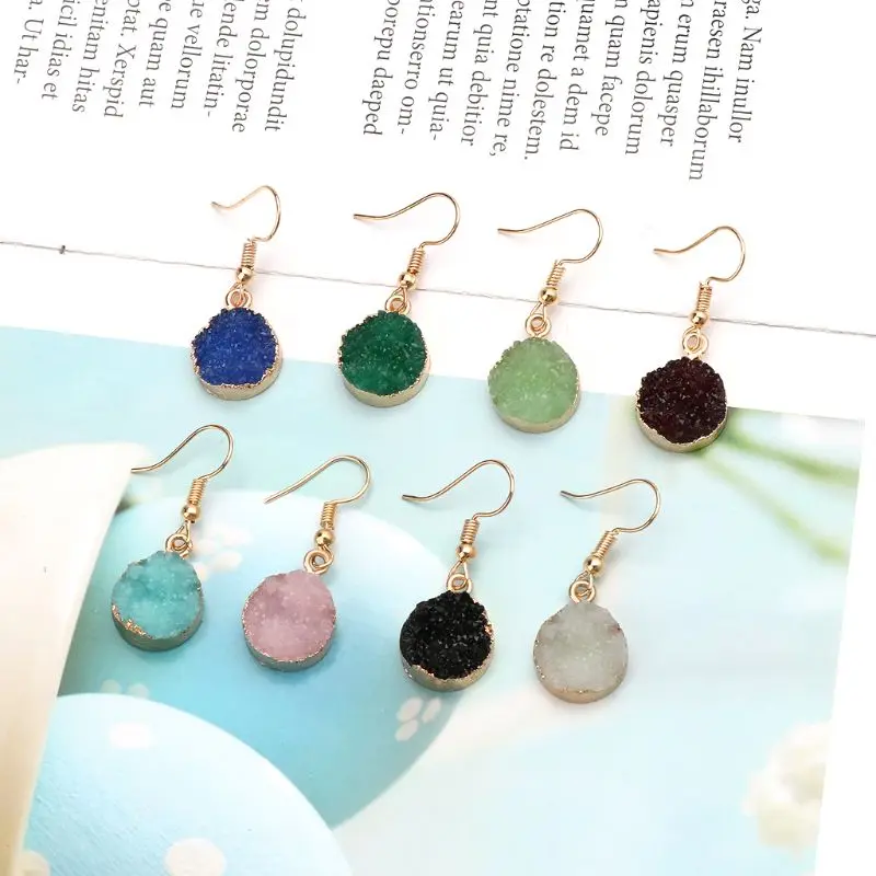 Женские серьги подвески Druzy Камень крючок круглые из натурального кварца
