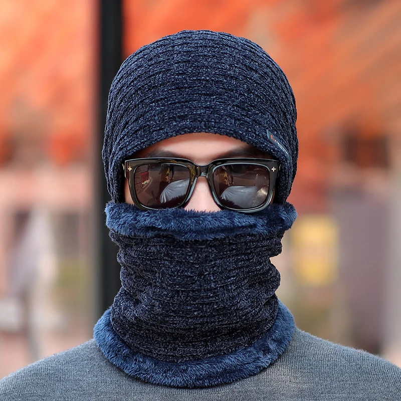 hat scarf set navy Xthree синель зимняя шапка для мужчин шапочки Skullies шляпа вязаная шапка шарф с подкладкой мужские шапочки зимние шапочки - Цвет: hat scarf set navy