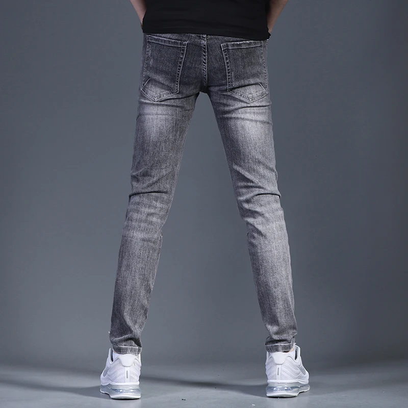 Summer Korean Style Men Gray Jeans Casual Slim Fit Pencil Pants Streetwear Denim Trousers