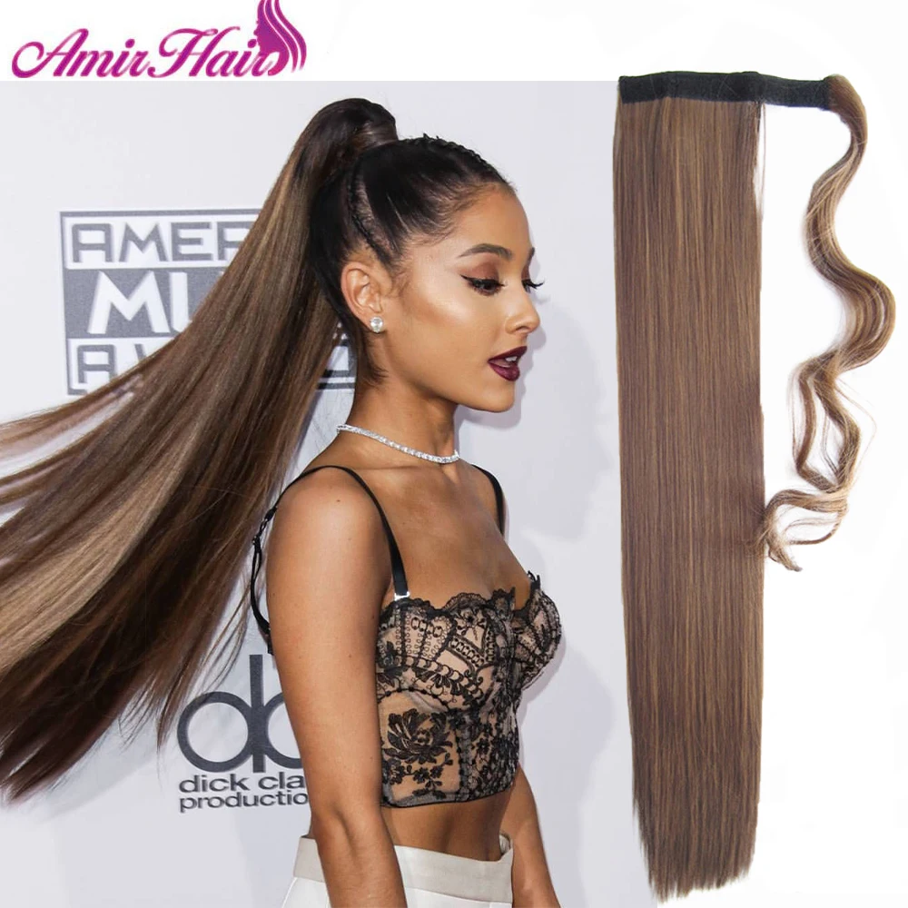 Длинные прямые накладные волосы Amir для конского хвоста синтетические на шнурке