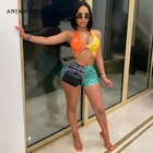 ANJAMANOR Colorblock (цветовой блок), бандана кроп-футболка и шорты, 2 предмета в комплекте, Комплекты Женские костюмы сексуальный летний комплект из двух предметов спортивный костюм D46-BI17