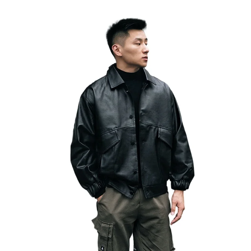 

youth soft leather dress men's loose Korean version of the lapel locomotive dress tide brand bomber leather jacket jacket tide