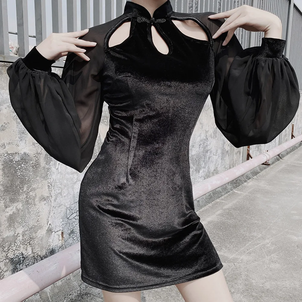 Velvet Vestido Sexy Mini Dress Women Hollow Gothic Fashion Casual Goth Club Dresses Vintage Qipao Slit Mesh Lantern Sleeve | Женская