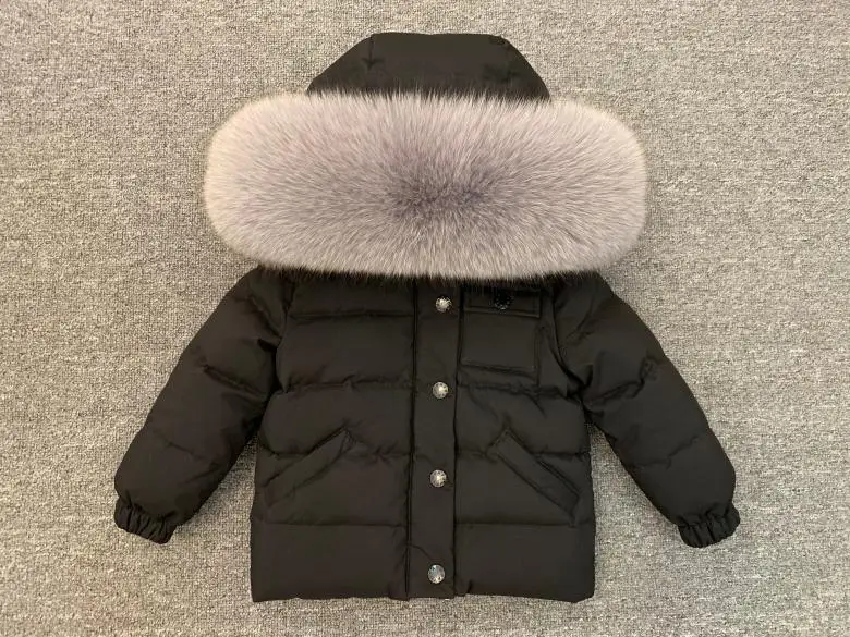 black gray fur Лидер продаж, пуховые парки с большим натуральным меховым воротником в русском стиле, плотные пуховые пальто Детская одежда черного цвета с серым мехом - Цвет: black gray fur