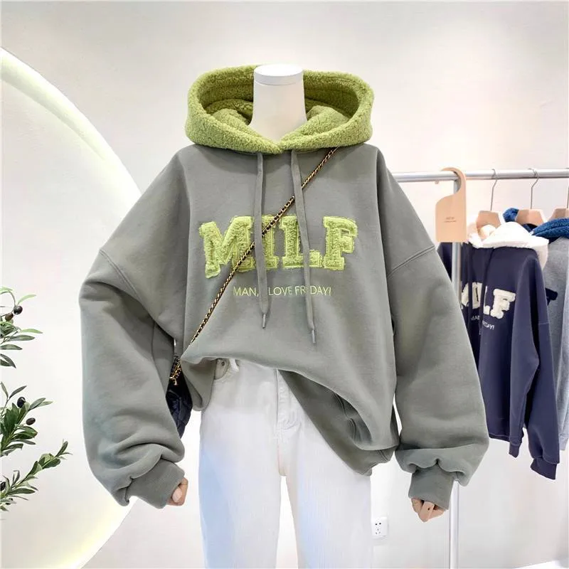 

Fashion Patchwork Oversize Sweatshirt Women Winter Casual Loose Cotton Thick Letter Long Sleeve Hoodies Female Streetwear