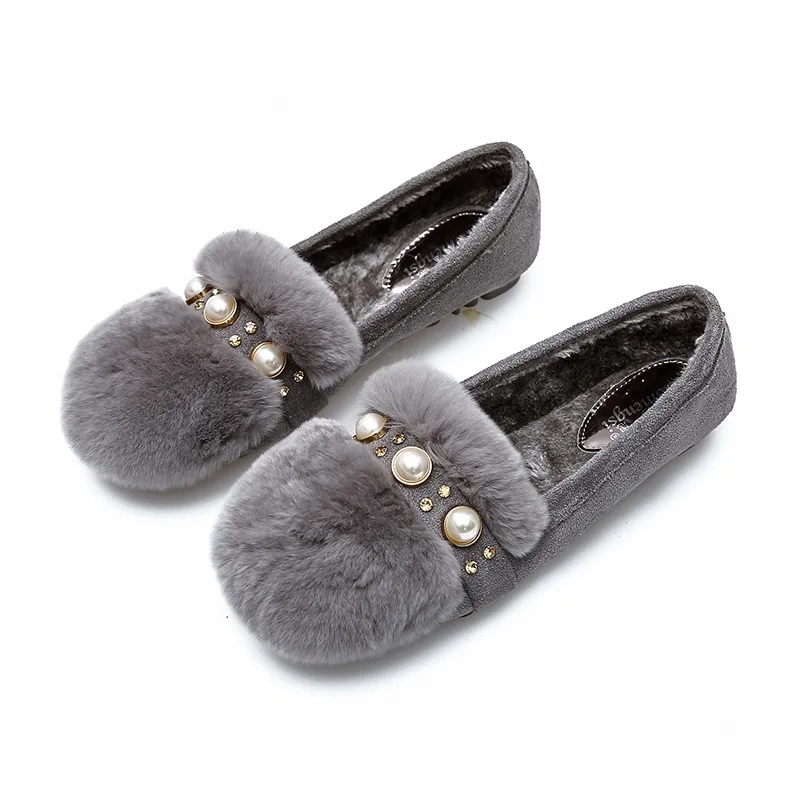 Large Size 34-43 Female Winter Super Soft Mouthful Solid Color Pearl Slip Plus Velvet Comfort Wild Casual Flat Peas Shoes B21-17 | Обувь