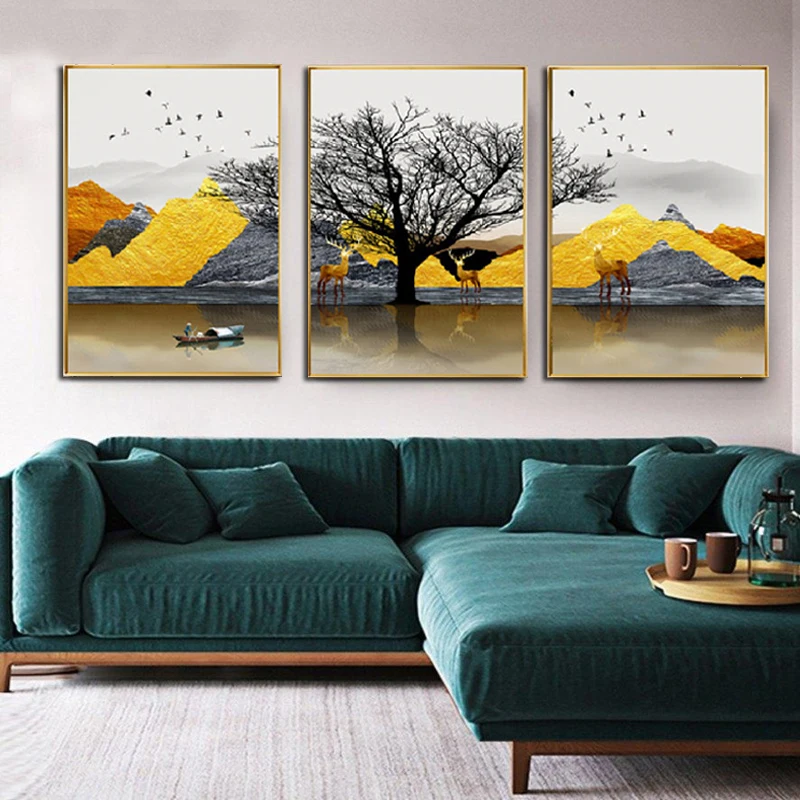 Скандинавские пейзажи современный минималистичный Желтый горный Лось богатое