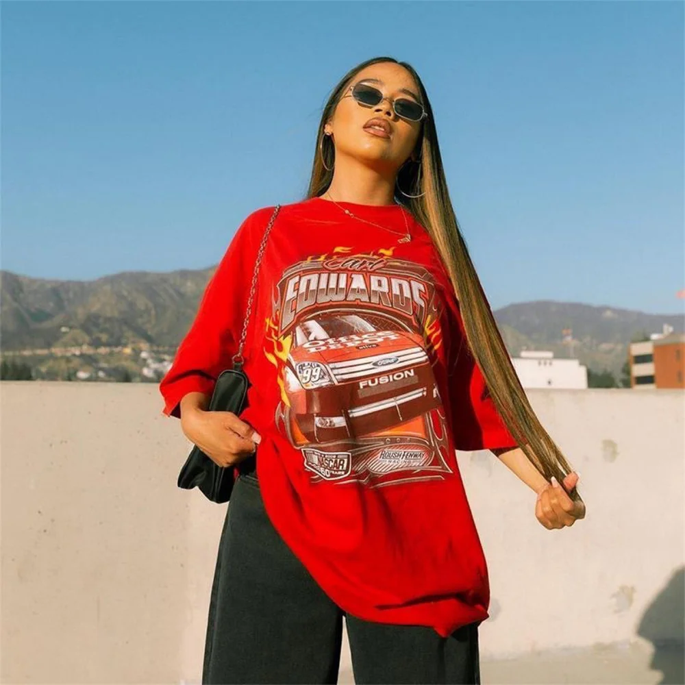 

Women Summer High Street Loose Top 2021 Summer Cotton Retro Red Short Sleeve T-shirt Female Letter Printed Cropped Sleeve Shirt