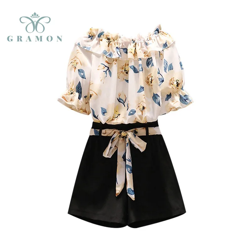 

Women Plus Size Korean Fashion Floral Blouse Two Piece Set Elastic Waist Lace Up Collocation Shorts 2021 Summer Casual Set
