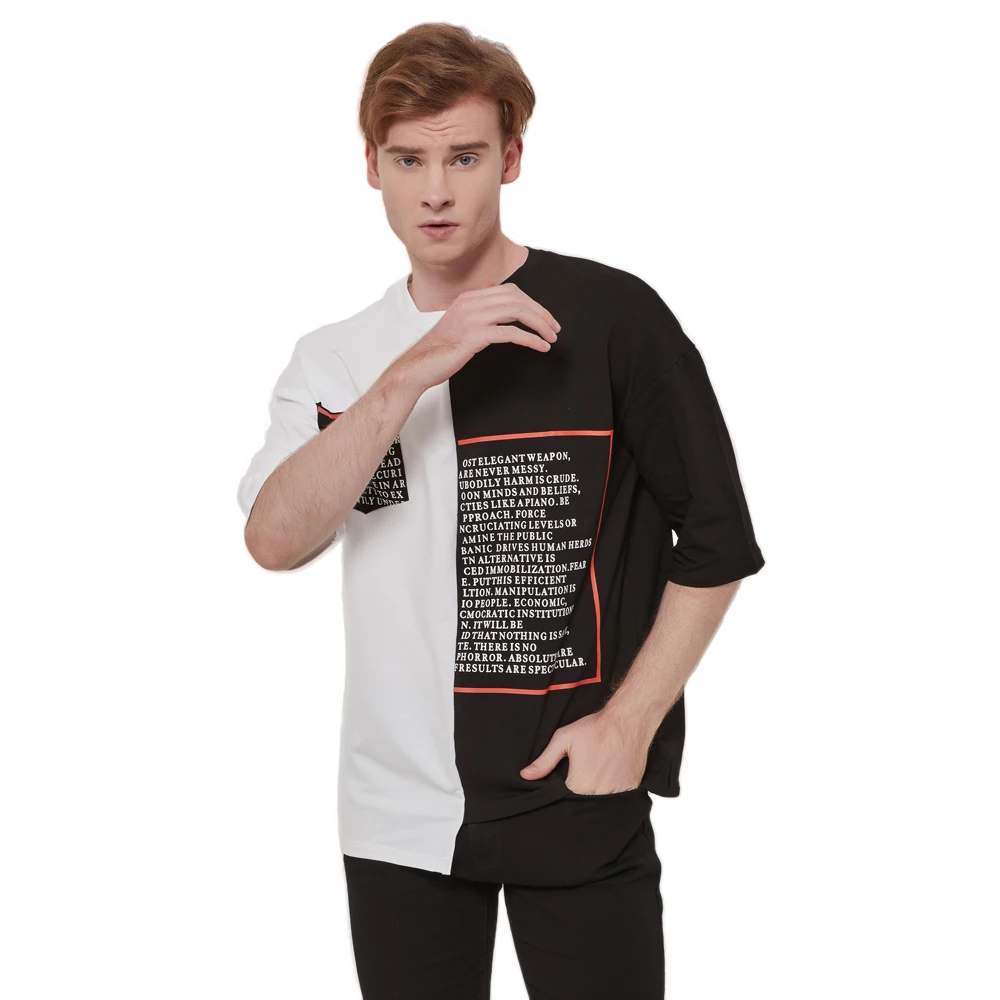 

Men's Short Sleeve T-Shirts Hip-Hop Length Irregularity Letter Printed Round Neckline Tops Tees for Color Patchwork
