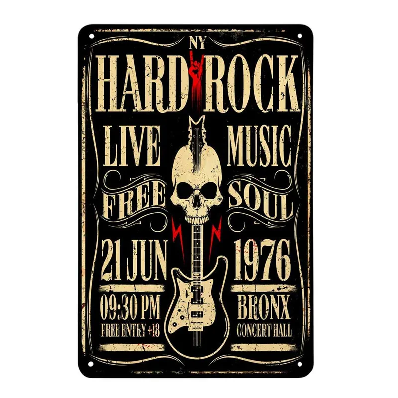 

Hard Rock Music with Skull Guitar Metal Tin Logo Plaque Retro Decoration Bar Bistro Dance Hall Cafe Home Wall Decoration Poster