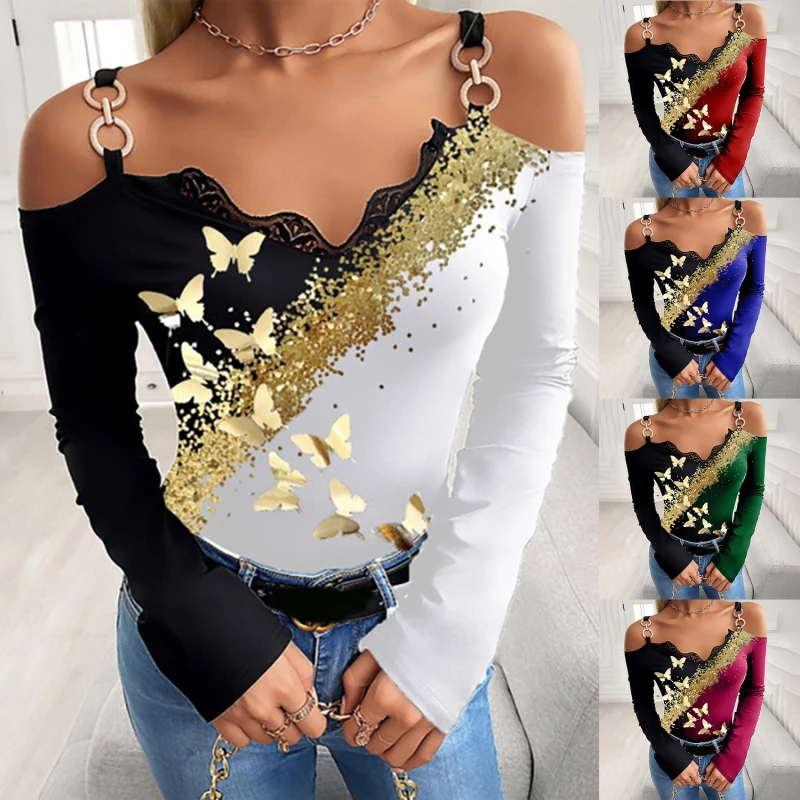 

Женская Кружевная футболка на бретельках, с длинным рукавом и принтом бабочек