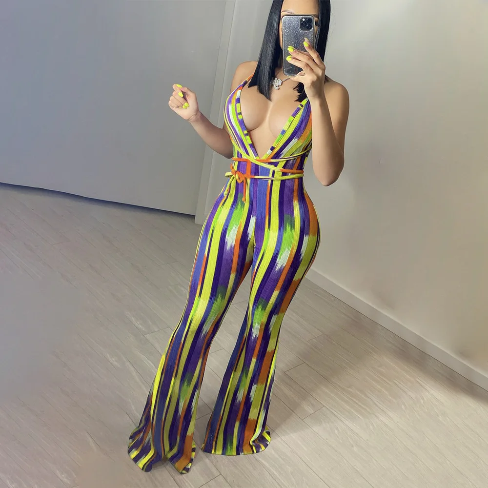 

Halter Backless Striped Jumpsuit Womens Summer Clothing 2021 African Flare Pants Suits Sexy Club Outfits Dropshipping