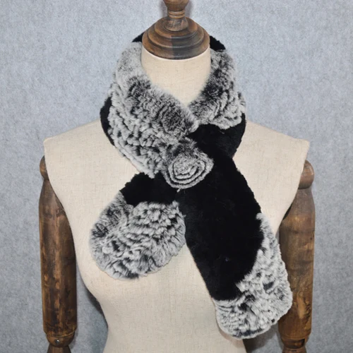 gray and black Хит, Женский Теплый мягкий настоящий шарф из меха кролика Рекс, натуральный мех кролика Рекс, шарф-кольцо для девочек, вязаные шарфы из меха кролика рекс - Цвет: gray and black