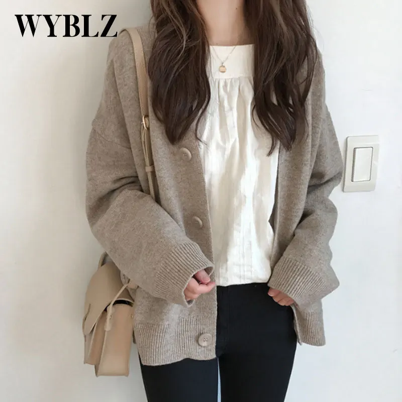 

Women Knitted Cardigans Sweater Fashion Spring Autumn Long Sleeve Loose Sweater Coat 2021 Casual Button V Neck Solid Female Tops