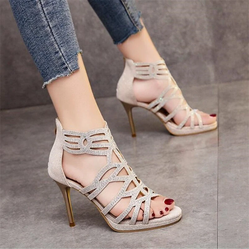 

2021 High Heels Women Sandals Summer New Crystal Hollow Sexy Women Shoes Fashion PU Leather Open Toe Zip Thin Heels Woman Shoes