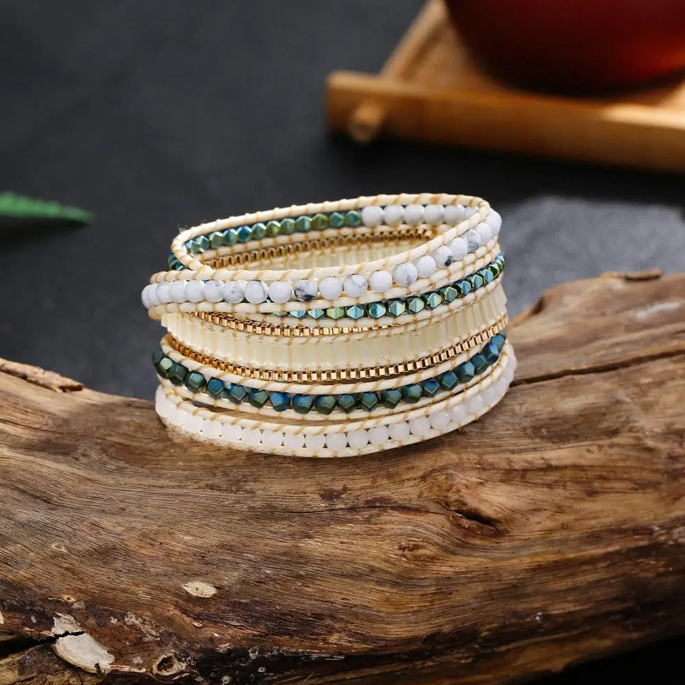 

Newest Design Unique Handmade Natural Gemstone 5 Wrap Bead White Vegan Rope Bracelet with Stainless Steel Chain for Women Men
