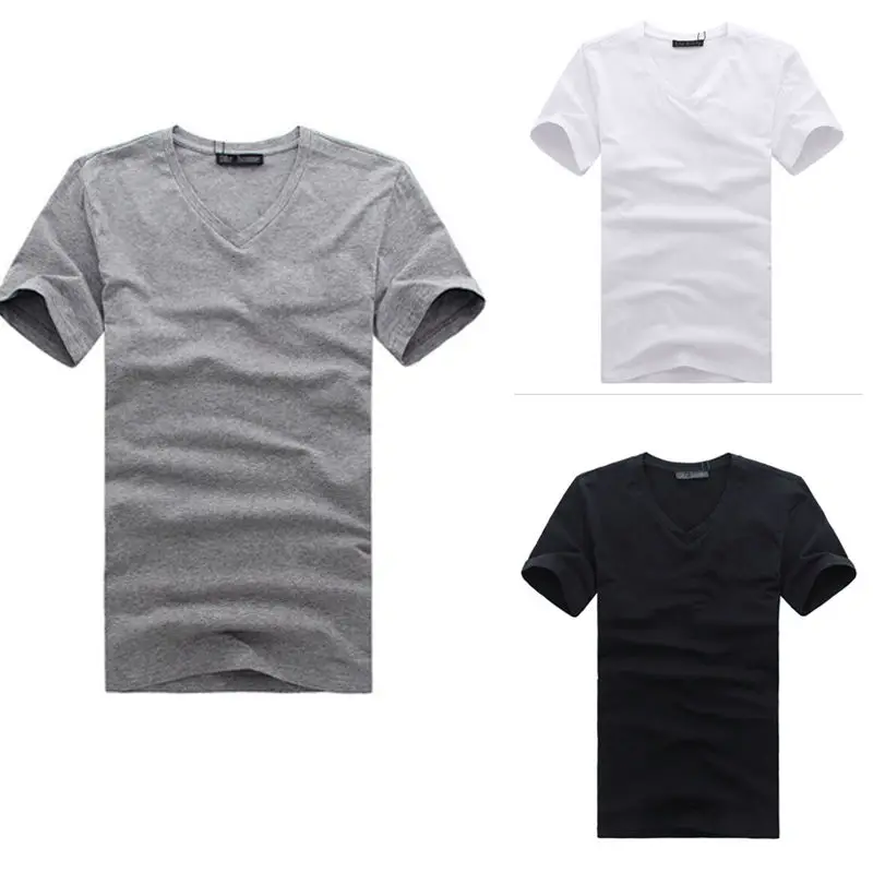 Мужская хлопковая Приталенная футболка Однотонная с v образным вырезом Размеры M