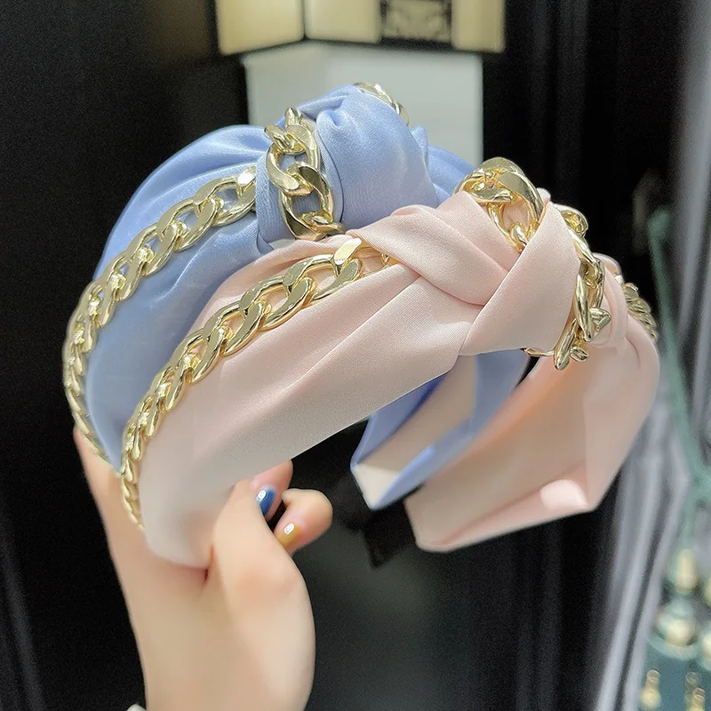 

New Fashion High Quality Fabric Hairband Wide Side Headband Women Shining Gold Chain Headwear Casual Hair Accessories