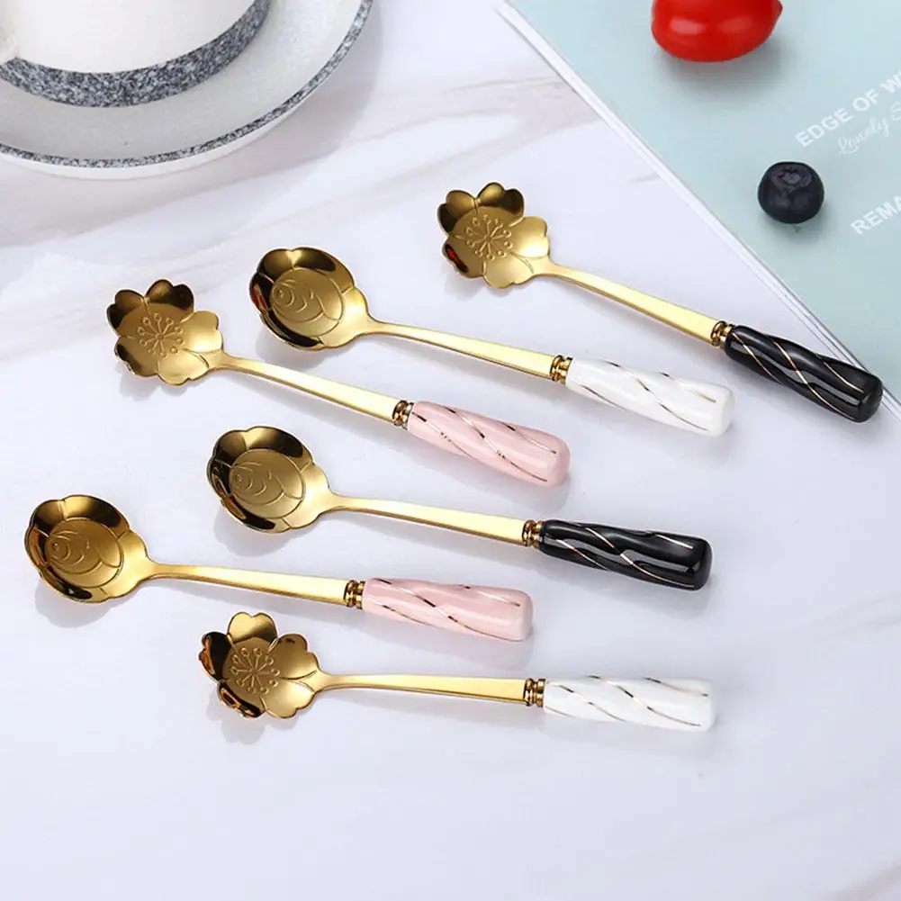 

Tea Coffee Mixing Spoon Stainless Steel Spoon With Ceramic Handle Flower Shape Dessert Spoon Kitchen Tableware Ceramic Handle