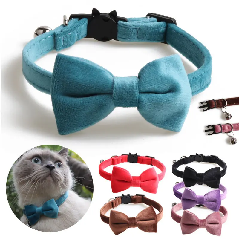 

Pet Cat Collar Bow with Bell Dog Small Gatos Collier Accessories Breakaway Red Necklace Personalized Blue Neck Strap Flannel