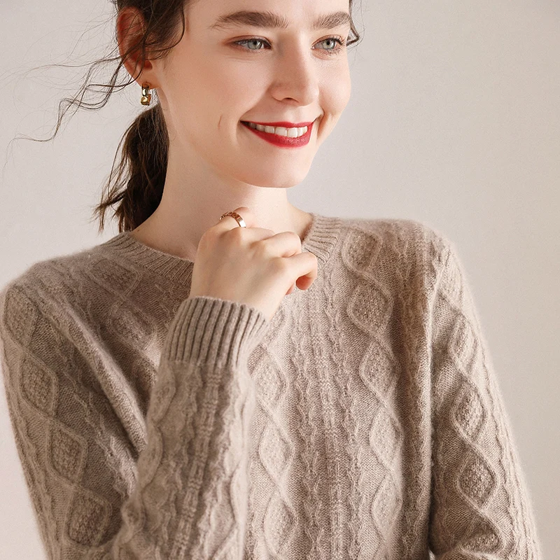 

Crew neck sweater women 100 pure wool 2020 new European diamond foreign style loose cashmere sweater knitted sweater