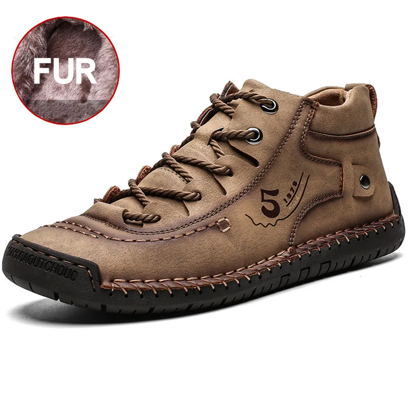 khaki fur Новая удобная мужская кожаная обувь мужская обувь высокого качества, сшитая вручную модная Уличная обувь мужская обувь больших размеров 39-48 - Цвет: khaki fur