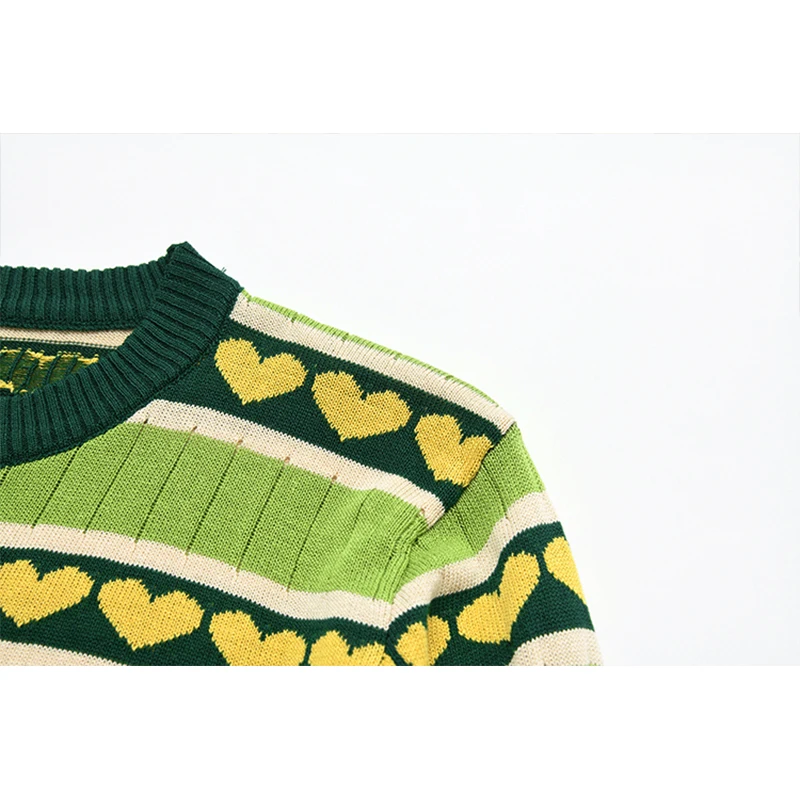 Vintage Women Crop Tops Green Knitted Summer O Neck Short Sleeve Love Pattern Casual Female Slim Knit Top Cropped Tees | Женская одежда