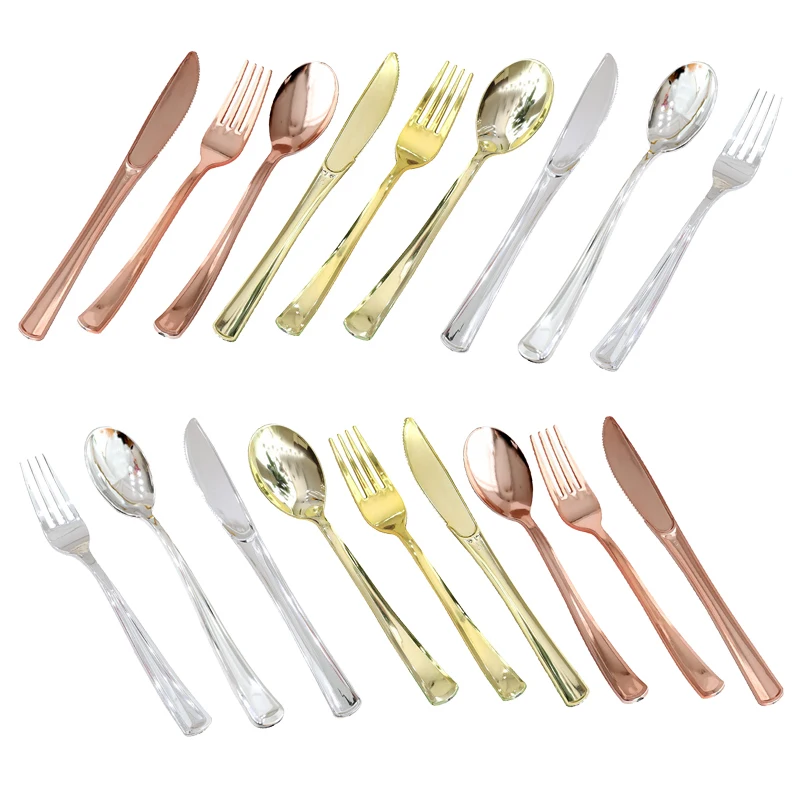 

10 pcs disposable golden silver rose gold knife and fork spoon plastic tableware set birthday party wedding tableware supplies