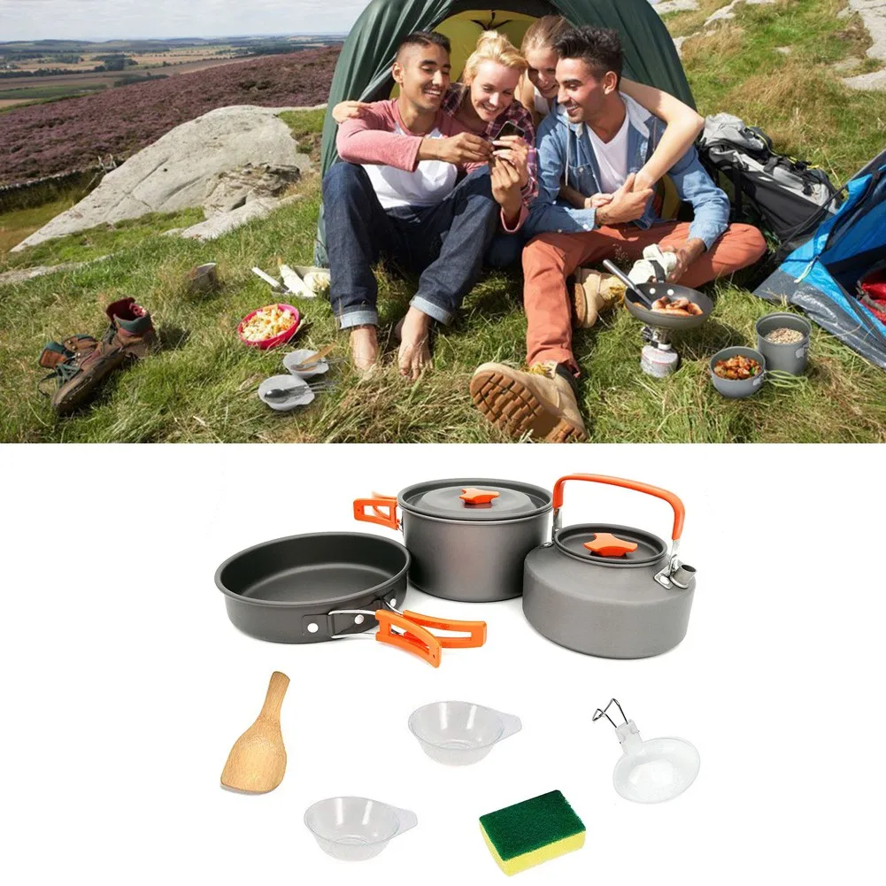 

Camping Cookware Kit Outdoor Aluminum Cooking Set Water Kettle Pan Pot Travelling Hiking Picnic BBQ Tableware Equipment